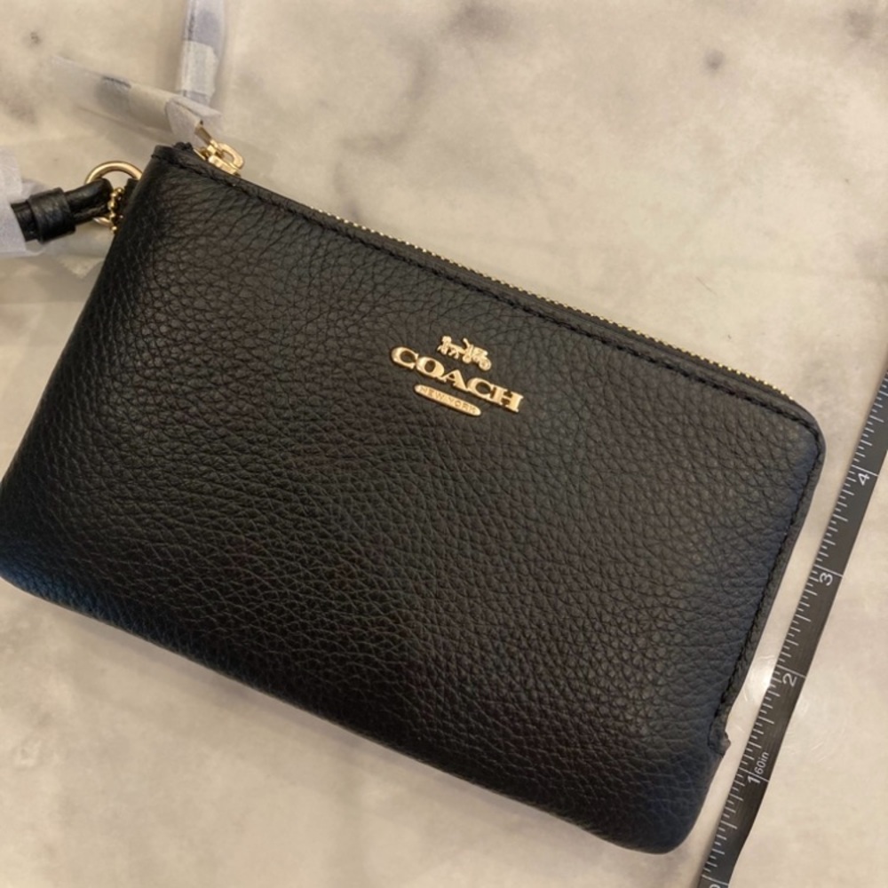 Coach Black Leather double corner zip Wristlet with Gold Accents